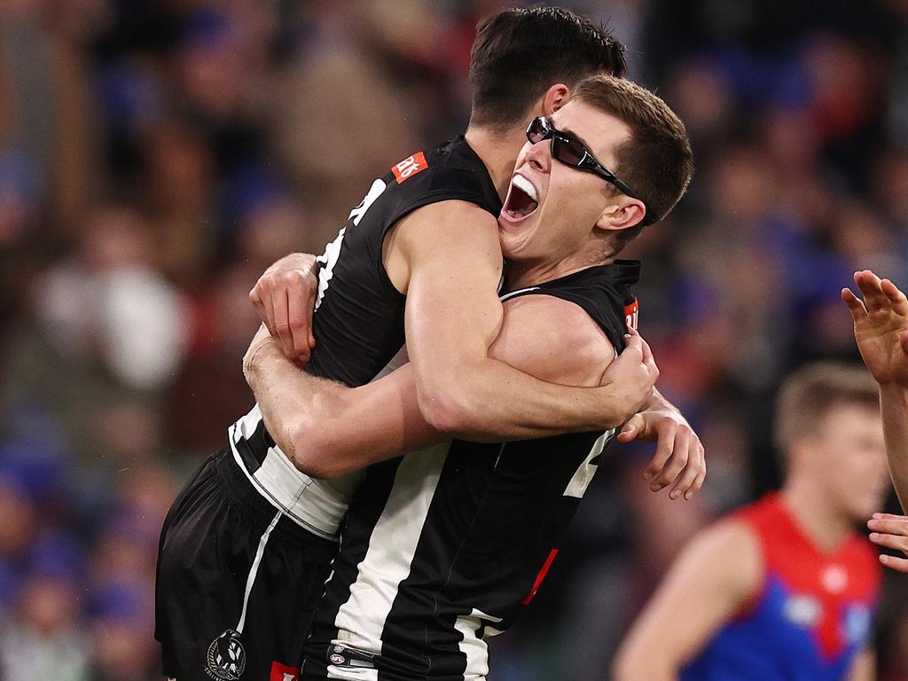 Mason Cox roars during his Queen’s Birthday stunner. Picture: Michael Klein