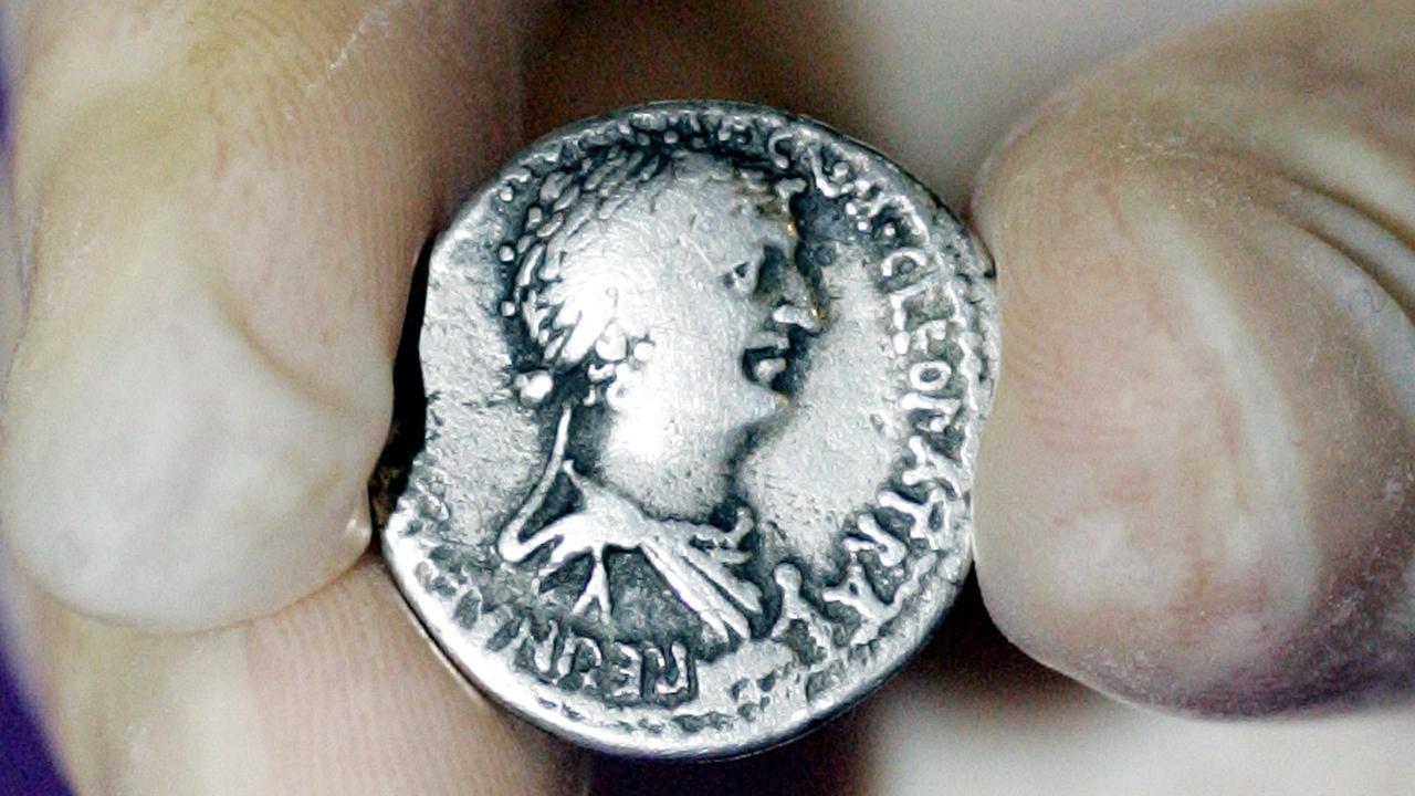 Image of Cleopatra on the silver denarius  dated 32BC on display at Newcastle University in Newcastle, England 14/02/2007. The Roman coin depicts the celebrated queen of Egypt as a sharp-nosed, thin lipped woman with a protruding chin. In short, a fair match for the hook nosed, thick necked Mark Antony on the other side.