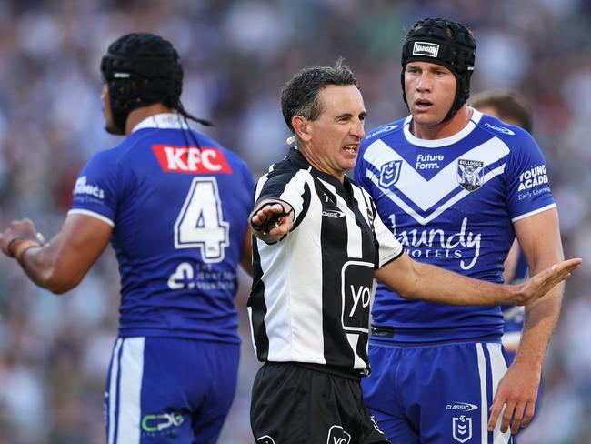 SYDNEY, AUSTRALIA - MARCH 29: Referee Gerard Sutton signals during the round four NRL match between South Sydney Rabbitohs and Canterbury Bulldogs at Accor Stadium, on March 29, 2024, in Sydney, Australia. (Photo by Cameron Spencer/Getty Images)