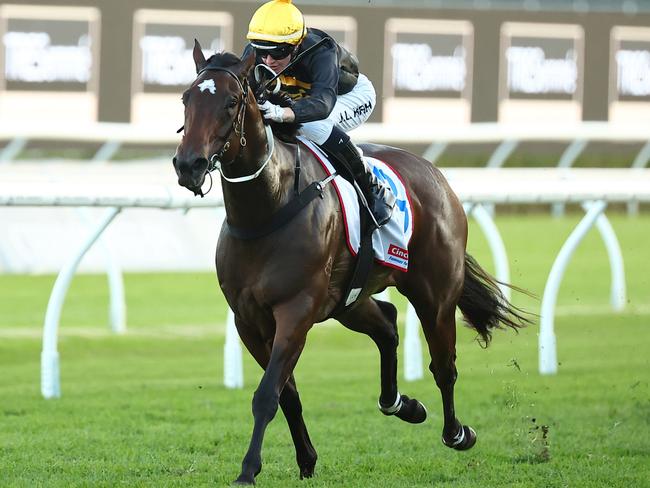 SYDNEY, AUSTRALIA - APRIL 13: Jamie Kah riding  Wee Nessy wins Race 10 Cincotta Chemist Sapphire Stakes during Sydney Racing: The Championships at Royal Randwick Racecourse on April 13, 2024 in Sydney, Australia. (Photo by Jeremy Ng/Getty Images)