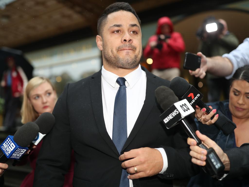 Jarryd Hayne speaking outside court after being found guilty. Picture: NCA NewsWire / Christian Gilles