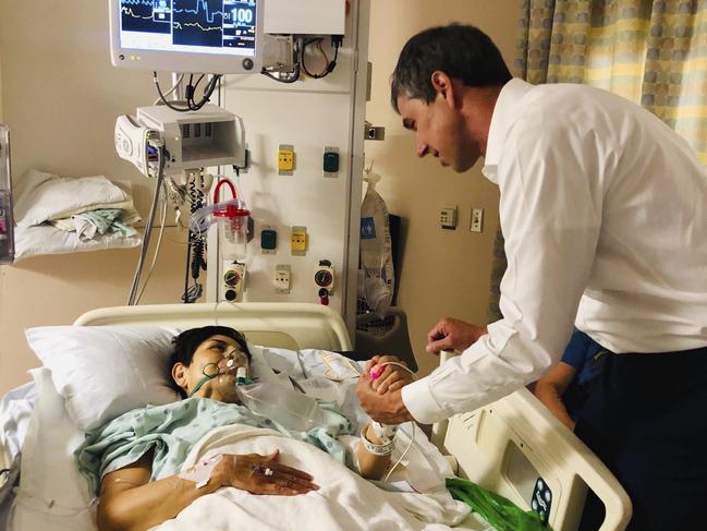 Democratic presidential candidate Beto O'Rourke meets with mass shooting survivor, Rosemary, at University Medical Center in El Paso. Picture: Facebook via AP