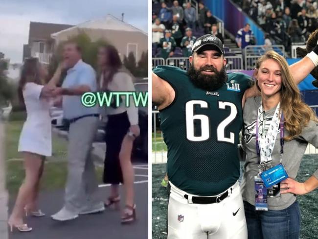 Jason Kelce's wife Kylie was videoed in a furious confrontation. Photo: Twitter and Instagram