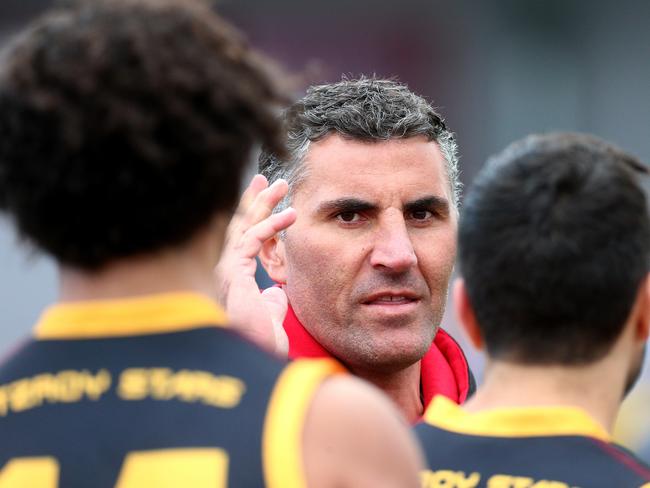 Jason Mifsud coach of the Stars addresses his players during the NFL match between Thomastown and the Fitzroy Stars played at Thomastown on Saturday 23rd April, 2016. Picture: Mark Dadswell