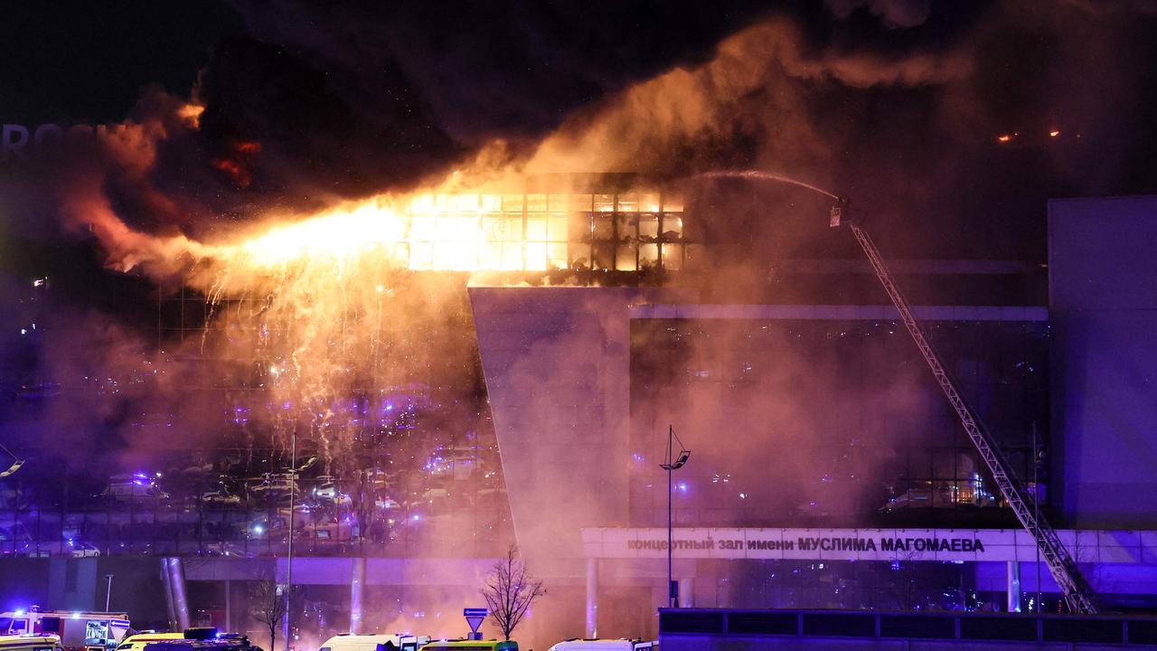 A view shows the burning Crocus City Hall concert hall following the shooting incident in Krasnogorsk, outside Moscow, on March 22, 2024. Picture: AFP