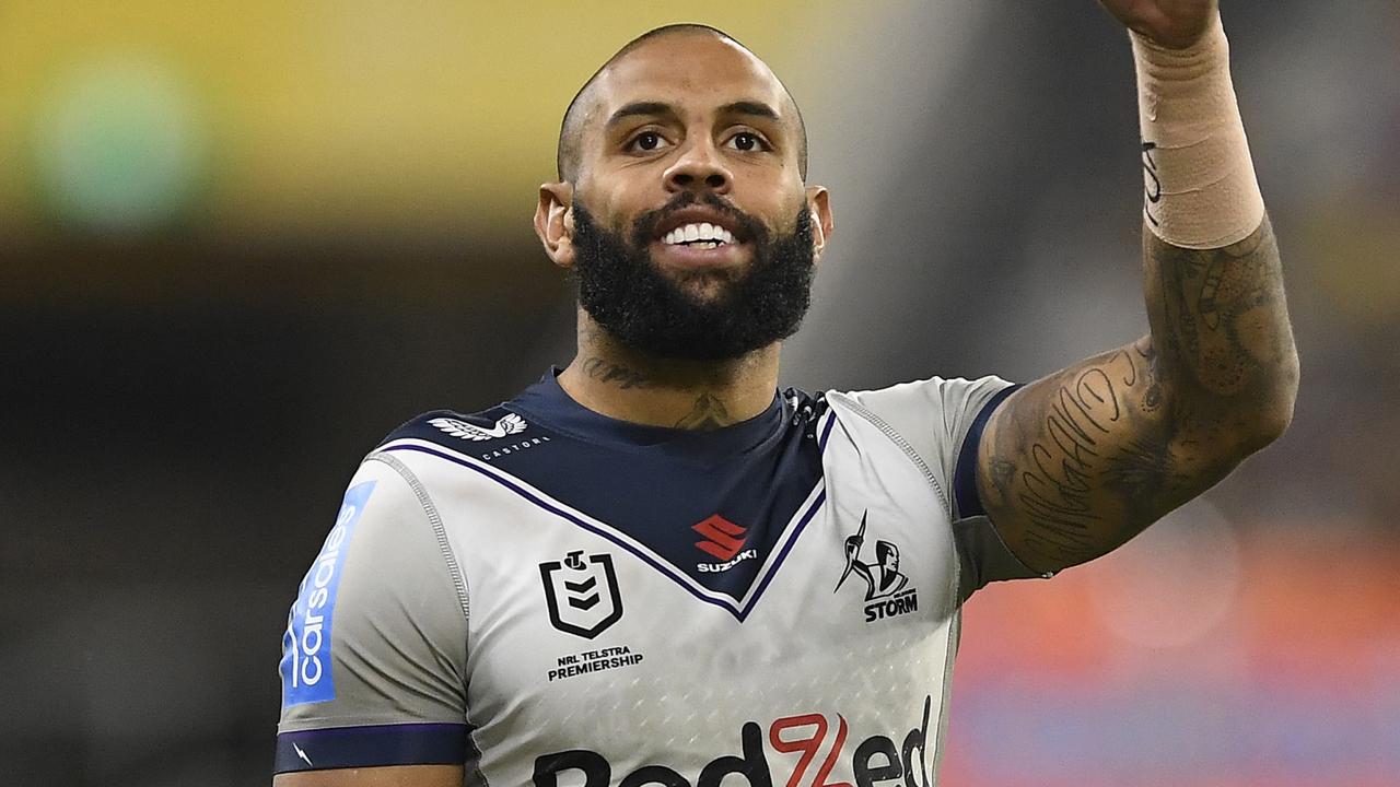 Josh Addo-Carr has been named in the starting line-up for the Melbourne Storm’s preliminary final against Penrith. Picture: Ian Hitchcock / Getty Images