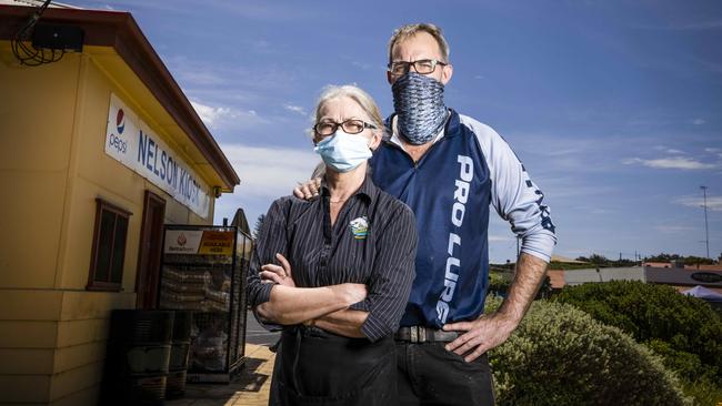 Nelson Kiosk and Post Office operators Andrea Winfield and Paul Singleton work on the Victorian side of SA’s border, and usually live in Donovans, in SA. Picture: Nicole Cleary