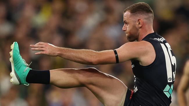 Sam Docherty kicks a special goal as the Blues finally turned the tables on the Tigers. Picture: Getty Images