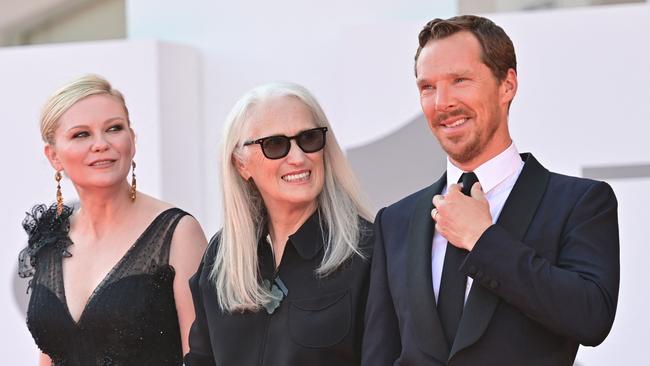 Dunst, director Jane Campion and Benedict Cumberbatch arrive for the screening of The Power of the Dog during the 78th Venice Film Festival in December. Picture: AFP