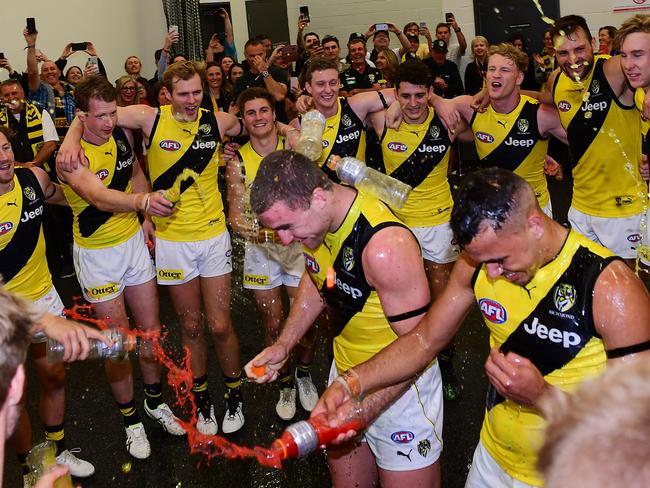 Jack Ross and Sydney Stack enjoy their first win as Tigers. Picture: Mark Brake/Getty Images