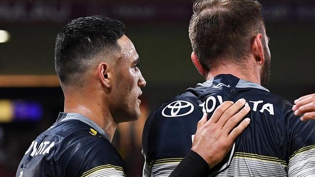 Valentine Holmes and Kyle Feldt. Picture: Bradley Kanaris/Getty Images