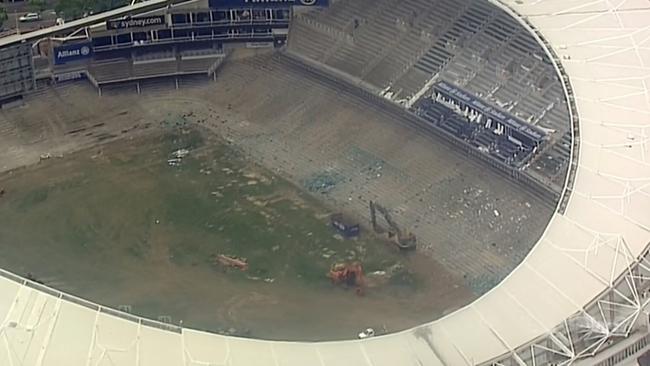 Demolition work shows the gutting of Allianz Stadium. Picture: 9 News