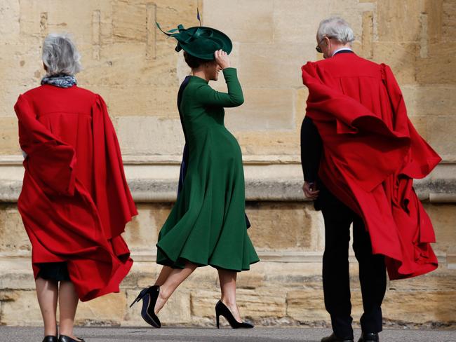 Pippa Matthews (Middleton), sister of Britain's Catherine, Duchess of Cambridge, (C) leavse after attending the wedding of Britain's Princess Eugenie of York and Jack Brooksbank at St George's Chapel, Windsor Castle, in Windsor, on October 12, 2018. (Photo by ADRIAN DENNIS / various sources / AFP)