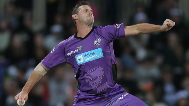 Shaun Tait bowling for the Hobart Hurricanes in the Big Bash. Picture: Luke Bowden
