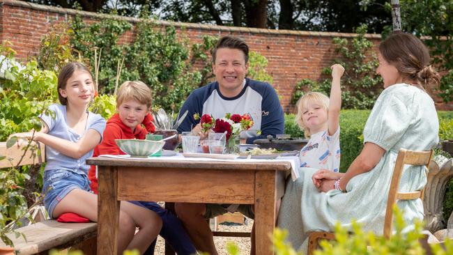 Jamie Oliver with his family back home in the UK.