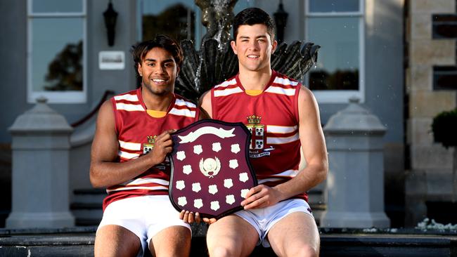 Prince Alfred College stars Karl Finlay, right, and Kysaiah Pickett with the Messenger Shield in 2019. Picture: Tricia Watkinson