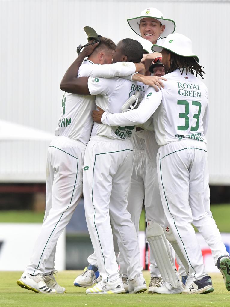 South Africa celebrates its recent win against India. (Photo by Sydney Seshibedi/Gallo Images/Getty Images)