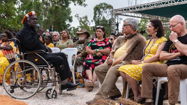 Dr Yunupingu, left, makes an appeal to Ken Wyatt. Picture: Teagan Glenane