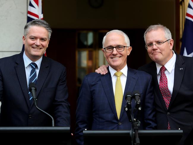 Senator Mathias Cormann, PM Malcolm Turnbull and Treasurer Scott Morrison holding a press conference at Parliament House in Canberra. Picture Kym Smith