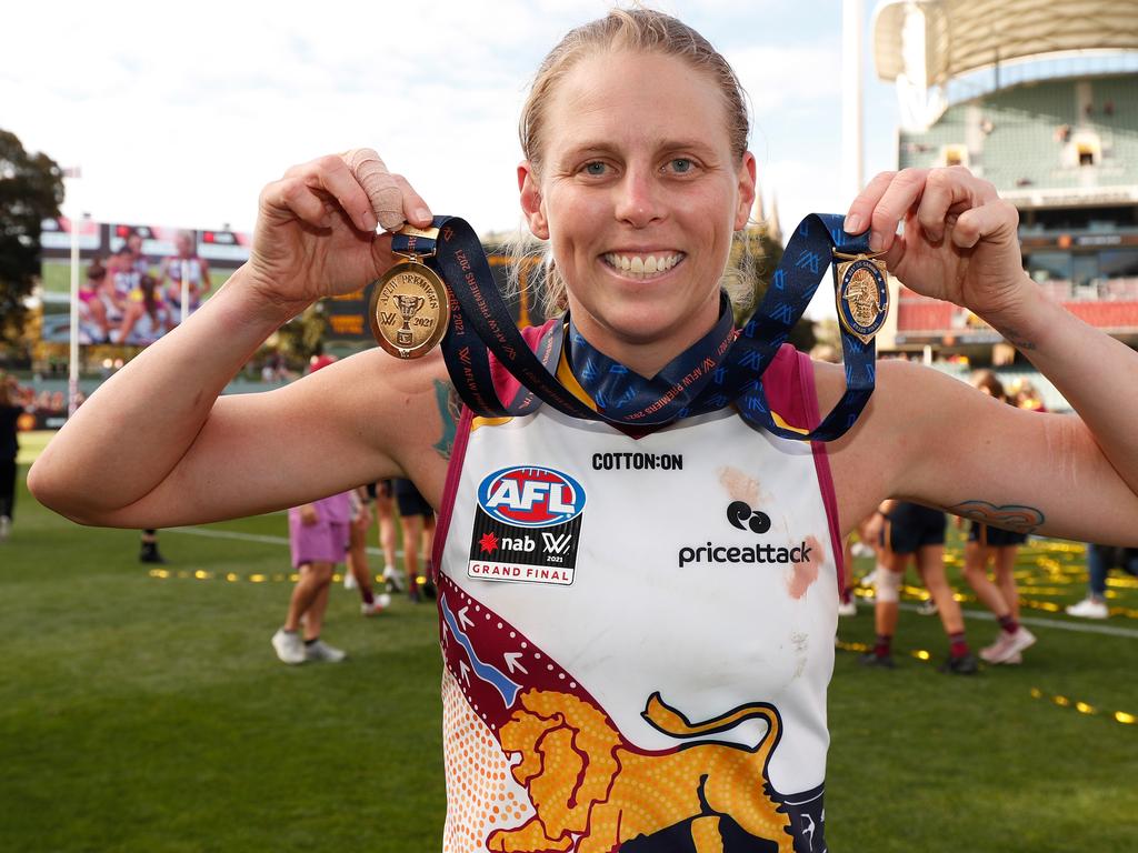 Kate Lutkins after being named best on ground in the 2021 AFLW decider. Picture: Michael Willson/AFL Photos via Getty Images