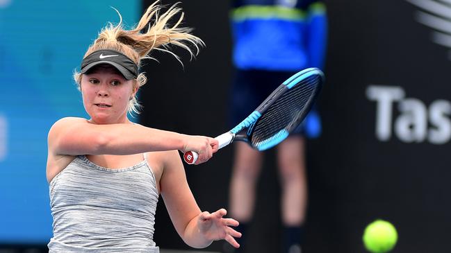 Jessica Fowler of Australia plays a shot during day one of the 2020 Hobart International at Domain Tennis Centre on January 11, 2020 in Hobart, Australia. Picture: STEVE BELL/GETTY IMAGES