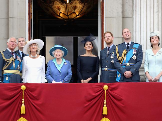 The royal family on the balcony of Buckingham Palace to watch the RAF fly-past for its centenary on July 10, 2018 in London, England. Picture: Chris Jackson/Getty Images.