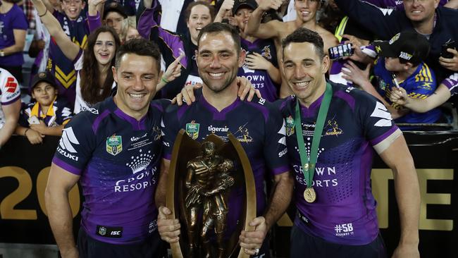 Melbourne Storm’s iconic trio Cooper Cronk, Cameron Smith and Billy Slater. Picture: Brett Costello