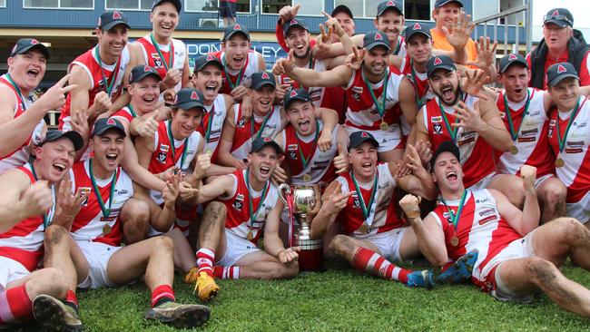 Historic: Bridgewater won the 2016 Loddon Valley Football League premiership against Mitiamo. It was the first time in the league a club has won seven consecutive premierships. Picture: Hannah Driscoll