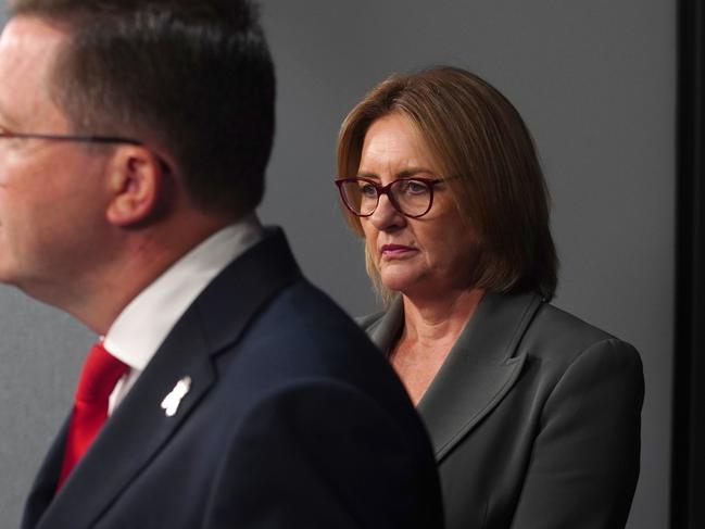 Jacinta Allan and Police Minister Anthony Carbines address Shane Patton’s no-confidence motion. Picture: Luis Enrique Ascui