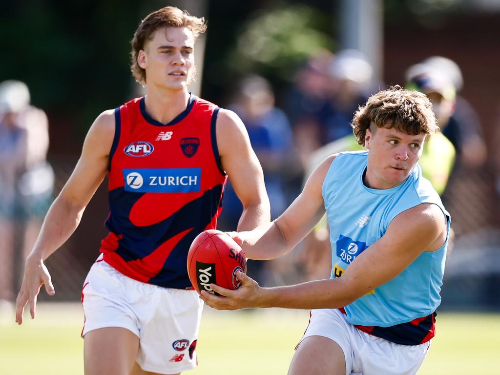 Young Demon Harvey Langford, right, impressed on Saturday. Picture: Dylan Burns/AFL Photos