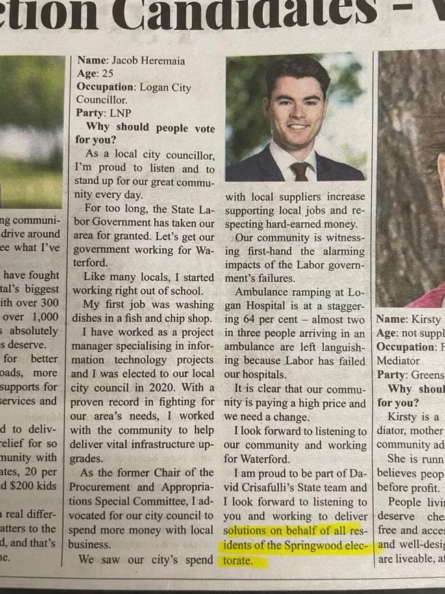 LNP’s Waterford candidate Jacob Heremaia told voters he was looking forward to “working to deliver solutions on behalf of all residents of the Springwood electorate”. Picture: Supplied