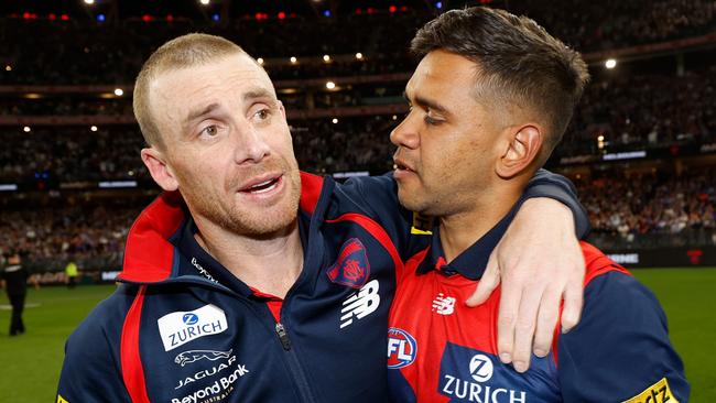 Melbourne coach Simon Goodwin with retiring defender Neville Jetta.