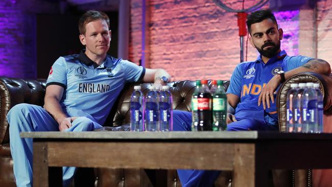 England's captain Eoin Morgan (L) and India's Virat Kohli at the Captain's Press Conference, in London. Picture: AP