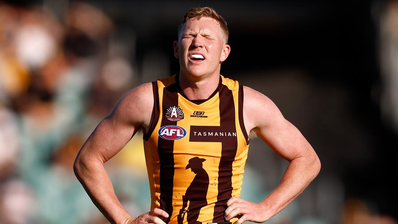 LAUNCESTON, AUSTRALIA - APRIL 23: James Sicily of the Hawks grimaces during the 2023 AFL Round 06 match between the Hawthorn Hawks and the Adelaide Crows at UTAS Stadium on April 23, 2023 in Launceston, Australia. (Photo by Michael Willson/AFL Photos via Getty Images)