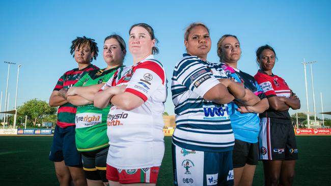 Womens NRL NT captains. From left: Souths's Donica Sarikon, Palmerston’s Theresa Paterson, Nightcliff's Bethny Edmonson, Brothers' Bianca Scrymgour, Sharks’ Melissa Mick and Litchfield’s Shari Togo. Picture: Glenn Campbell