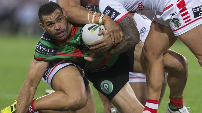 Greg Inglis of the Rabbitohs is tackled during the Second Semi Final between the South Sydney Rabbitohs and the St George-Illawarra Dragons in Week 2 of the NRL Finals Series at ANZ Stadium in Sydney, Saturday, September 15, 2018. (AAP Image/Craig Golding) NO ARCHIVING, EDITORIAL USE ONLY