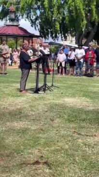 Aunty Joyce Bonner reads a poem at the unveiling of the Butchulla Warriors Memorial
