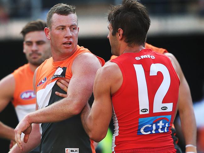 Not related to the incident but here the Giants Steve Johnson and Sydney's Josh Kennedy come together early in first quarter before Johnson unfairly took out Kennedy at other end of ground during AFL Qaulifying Final between the Sydney Swans v GWS Giants at ANZ Stadium. picture. Phil Hillyard