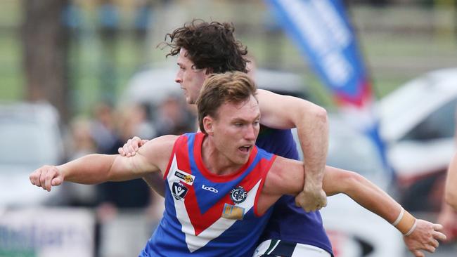 Football GFL: South Barwon v St Mary's South Barwon 7 James Syddall and St Mary's 1 Max Augerinos involved in a long tussle Picture: Mark Wilson