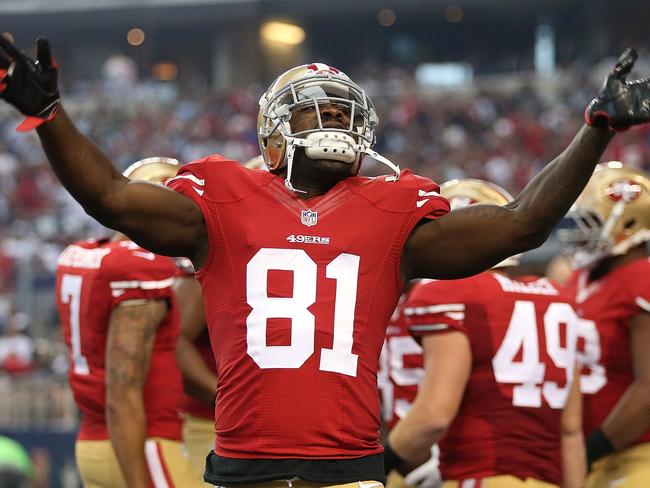 Anquan Boldin #81 of the San Francisco 49ers celebrates after the 49ers scored against the Dallas Cowboys in the first half.