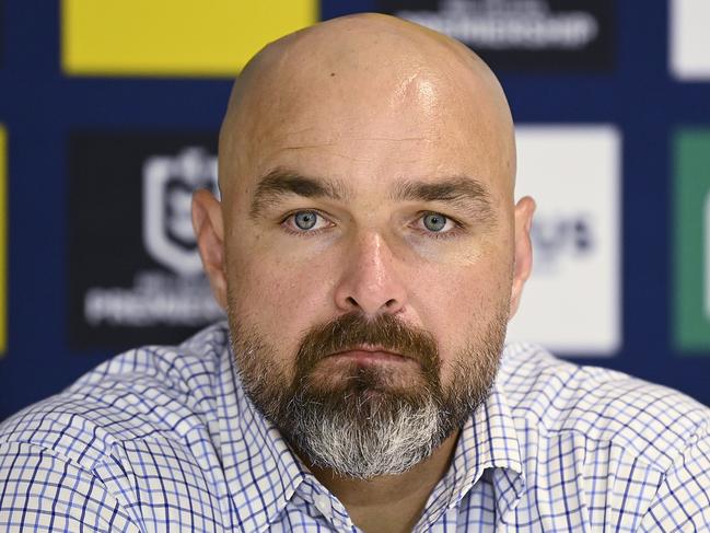 TOWNSVILLE, AUSTRALIA - APRIL 07: Cowboys coach Todd Payten speaks at the post match press conference at the end of the round six NRL match between North Queensland Cowboys and Dolphins at Qld Country Bank Stadium on April 07, 2023 in Townsville, Australia. (Photo by Ian Hitchcock/Getty Images)