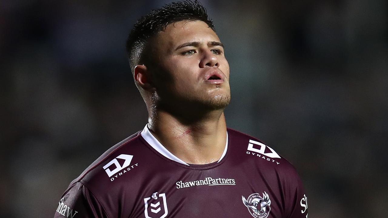 SYDNEY, AUSTRALIA - JUNE 09: Josh Schuster of the Sea Eagles reacts during the round 15 NRL match between Manly Sea Eagles and Dolphins at 4 Pines Park on June 09, 2023 in Sydney, Australia. (Photo by Jason McCawley/Getty Images)