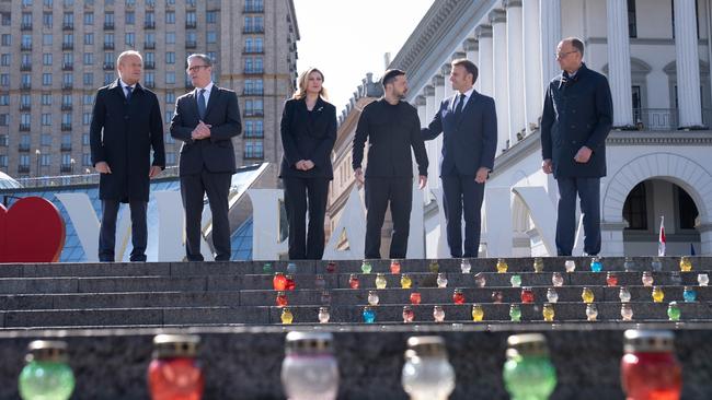 Poland's Prime Minister Donald Tusk, British Prime Minister Sir Keir Starmer, Ukrainian President Volodymyr Zelensky and his wife Olena Zelenska, French President Emmanuel Macron and German Chancellor Friedrich Merz in Maidan Square in Kyiv as European leaders meet in Ukraine for further talks on the so-called 