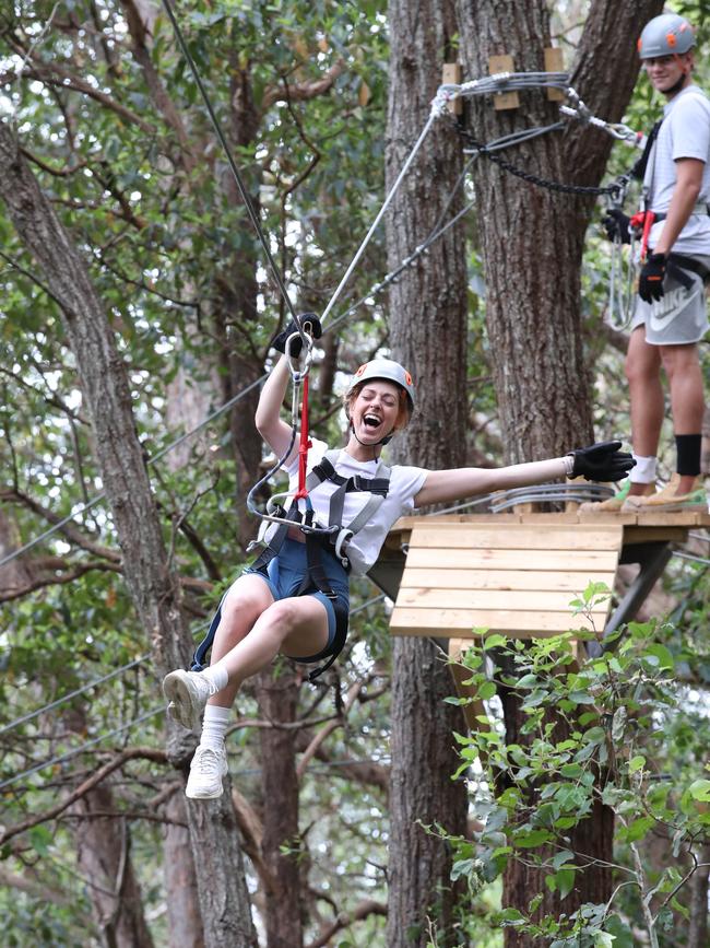 First look at the new TreeTop Challenge at Currumbin Wildlife Sanctuary. Gabrielle Buzetti-Raiti and Ben Rissetto try out the new attraction. Picture: Glenn Hampson.