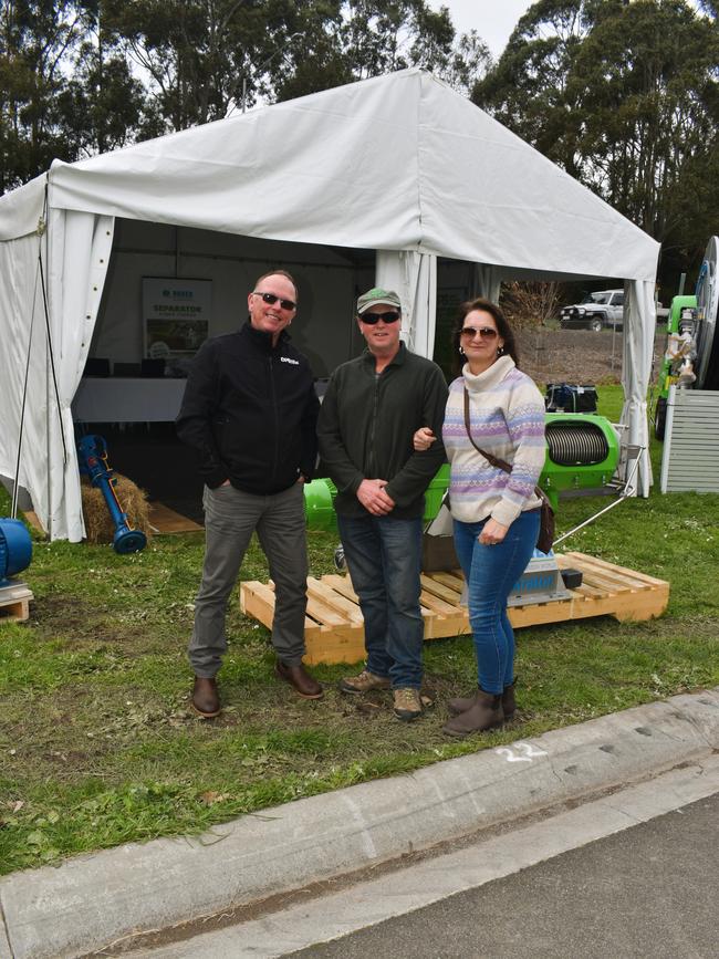 Matt Colwill, Peter Marshman and Lara Ball at the 25th Anniversary of the South Gippsland Dairy &amp; Farming Expo at the Korumburra Showgrounds, 2024. Picture: Jack Colantuono