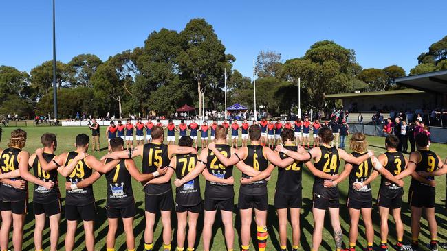 The teams line up for the pre-match ceremony. Picture: Josie Hayden