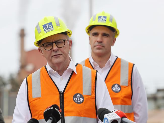 ADELAIDE, AUSTRALIA - NewsWire Photos September 25 2023: Australian Prime Minister Anthony Albanese and South Australian Premier Peter Malinauskas speak to the media during a visit to the Whyalla steelworks. NCA NewsWire / David Mariuz