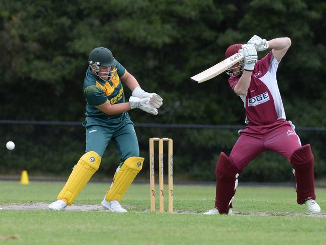 Red Hill opening batsman Riley Shaw punches off the back foot against Moorooduc last season. Picture: Chris Eastman