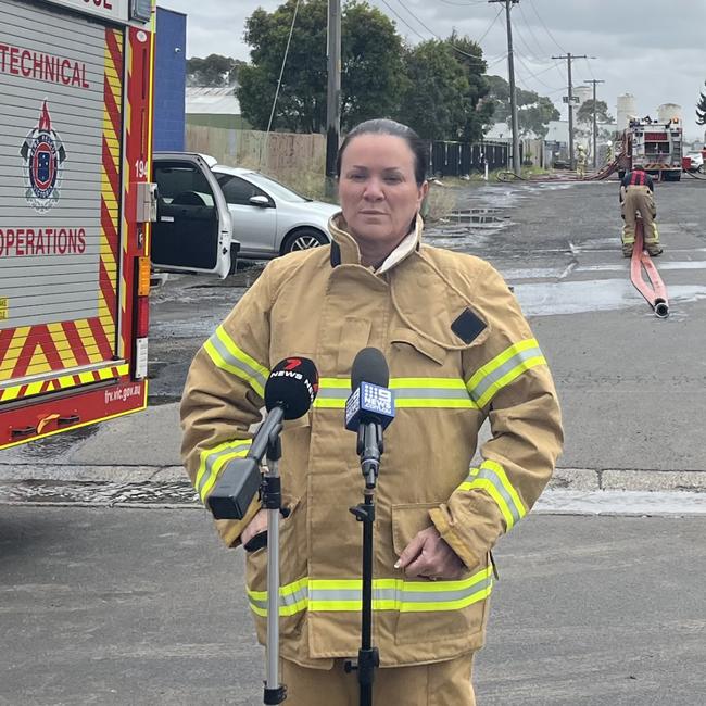 Western District Deputy Commissioner Michelle Cowling at the scene of a massive factory fire in Sunshine North where two people did. Picture: Nilsson Jones