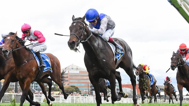 Angel Capital and Ben Melham stick close to the rail to win the Caulfield Guineas Prelude. Picture: Reg Ryan/Racing Photos via Getty Images